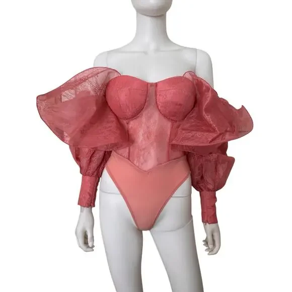 NEW ASOS LUXE lace bodysuit with wire bardot in blush ~ - Picture 2 of 11